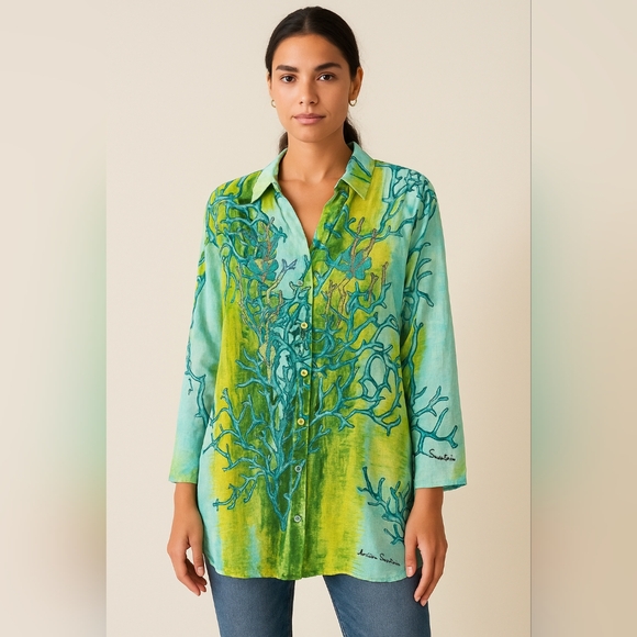 Antica Sartoria Tops - Antica Sartoria by Giacomo Cinque Tunic Shirt L Large Green Blue Coral Print